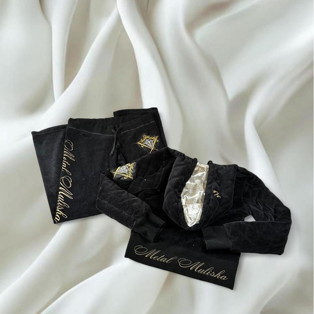 Rare grail Metal Mulisha black velour tracksuit set gold script y2k grunge goth
